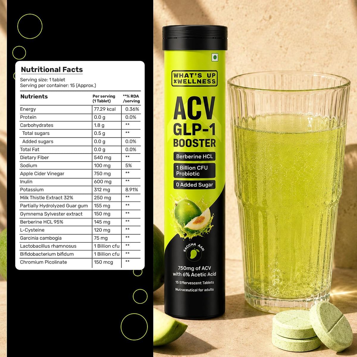 What’s Up Wellness Apple Cider Vinegar with Berberine & GLP-1 Booster For Weight Loss | ACV Effervescent Tablets | Tangy Green Mango Flavour | Manages Cravings | Weight Management | 15 Tablets