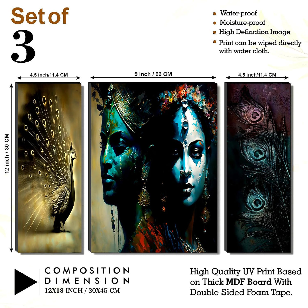 Radha Krishna Mystic Teal & Golden Peacock Wall Art – 3-Panel UV-Printed Spiritual Triptych | Ready-to-Hang Home Décor (20 Inch x 12 Inch) JM-35293