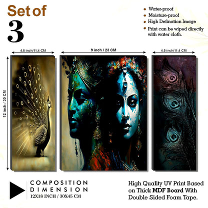 Radha Krishna Mystic Teal & Golden Peacock Wall Art – 3-Panel UV-Printed Spiritual Triptych | Ready-to-Hang Home Décor (20 Inch x 12 Inch) JM-35293