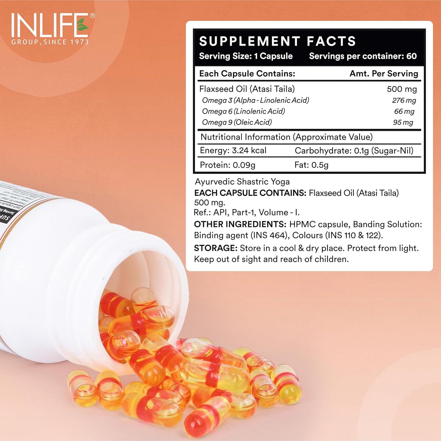 INLIFE Flaxseed Oil Omega 3 6 9 Supplement, Extra Virgin Cold Pressed 500 mg - 60 Vegetarian Capsules (Pack of 1)