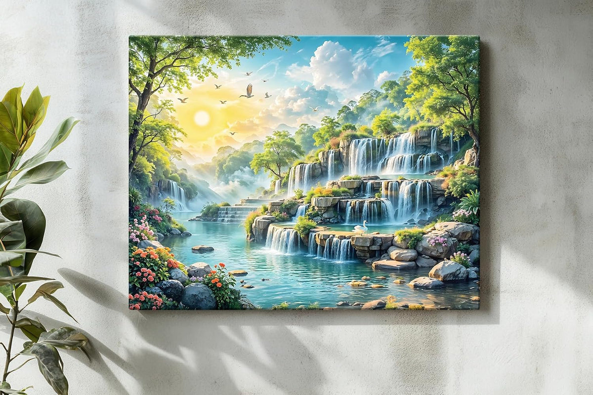 Canvas Step Waterfall Painting Vastu, Big Size Scenery, Water Stream, Mountain Painting Vastu Water Fall, Multicolor, Nature, 58.0 X 45.0 cm, Set of 1