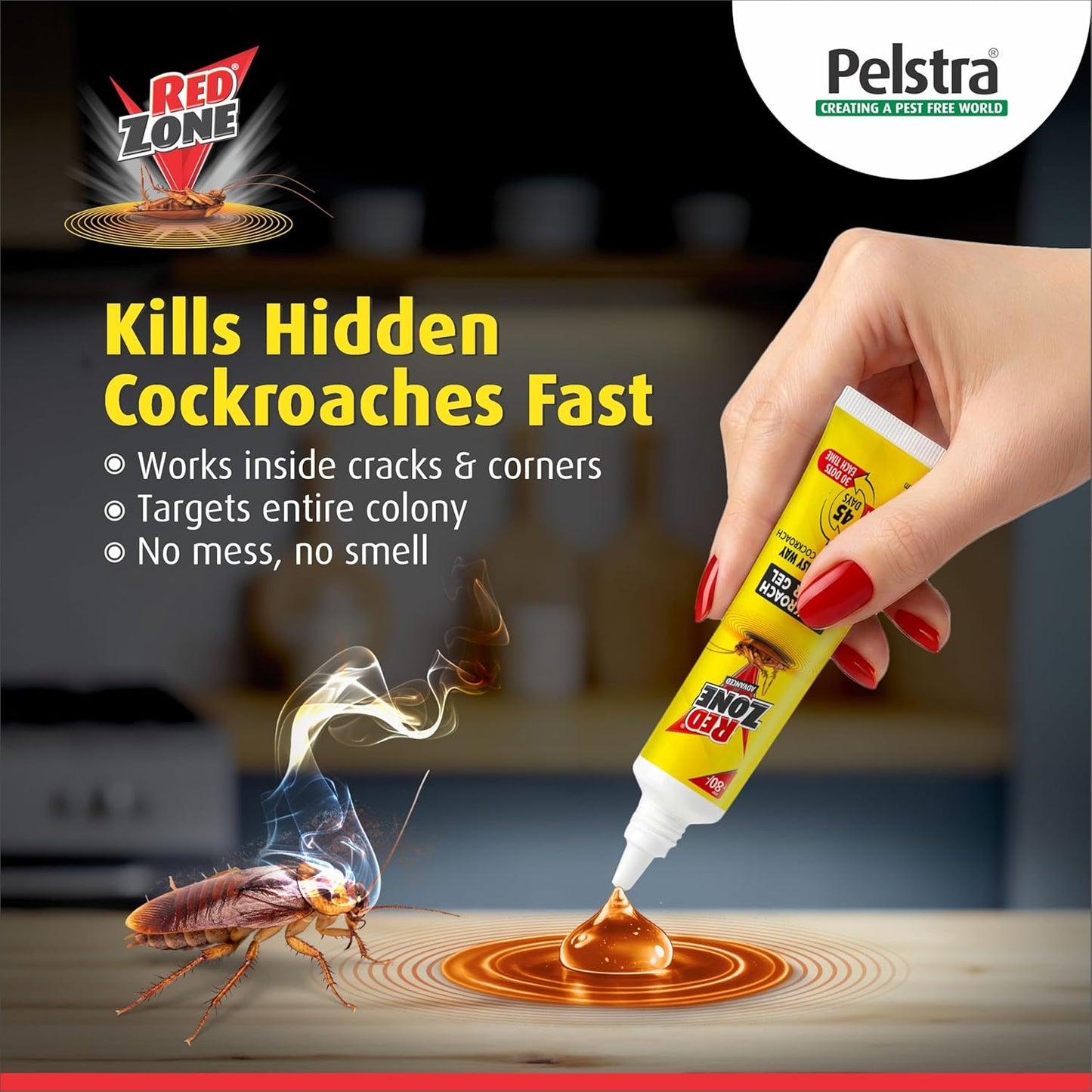 REDZONE Cockroach Killer Gel - 20g, Advance Formula Strong & Effective Long-Lasting Cockroach Gel for Home, Kitchen & Office, Anti Roach with Eco-Friendly, Easy to Use, Fragrance Free (Pack of 4)
