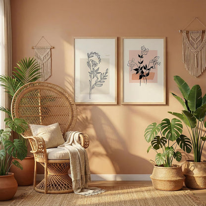 Minimalist Line Art Floral Wall Art Frames Painting Set of 2 | Modern Abstract Botanical Framed Posters Artwork | Neutral Beige Aesthetic Scandinavian Home Decor Frames for Living Room, Bedroom and Office (Ready to Hang) (Natural, Art-19, 10x13inch)