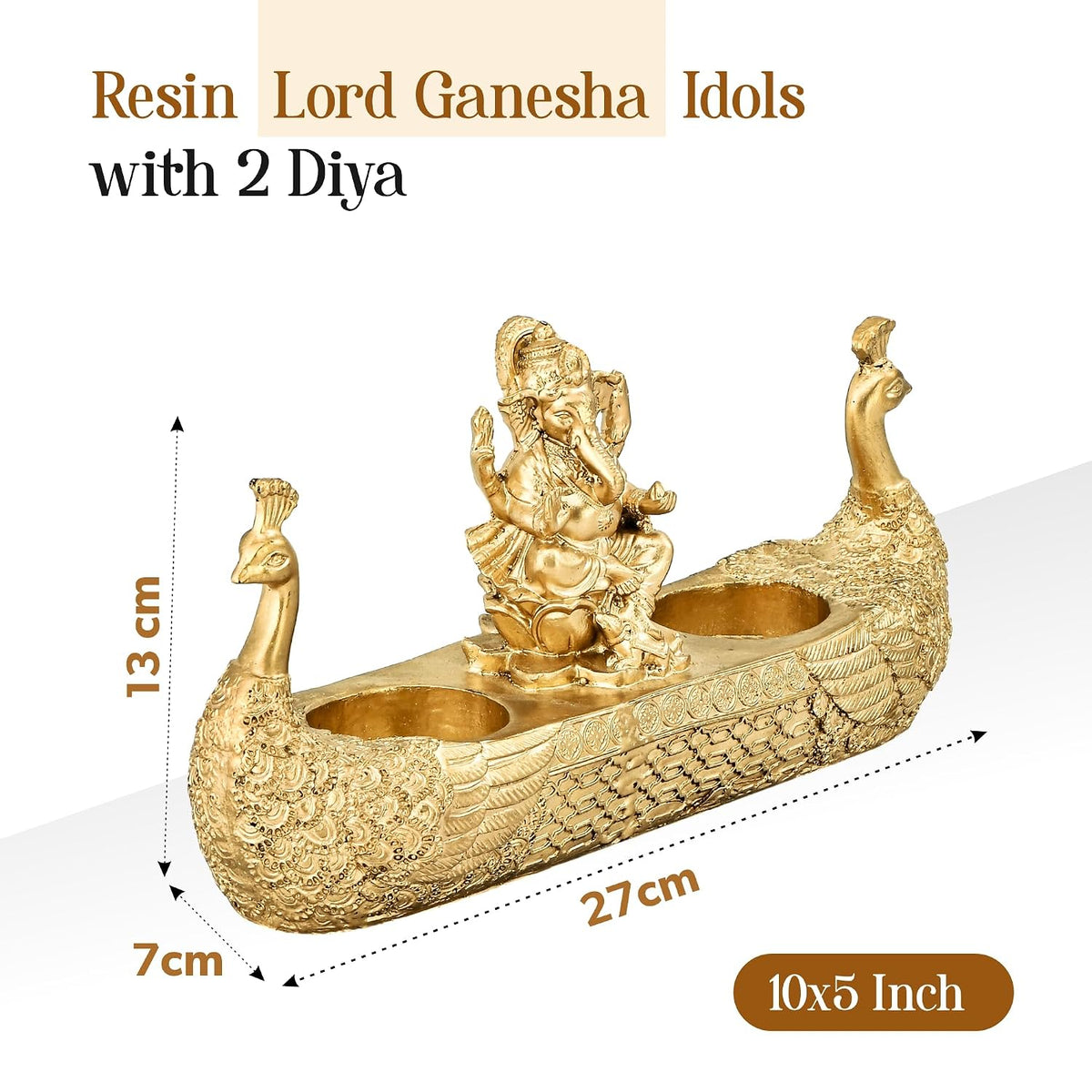 10x5 Inch Resin Lord Ganesha Idols with 2 Diya | Vinayagar Statue for Pooja Room | Ganpati Idol for Home and Office Decor | Golden