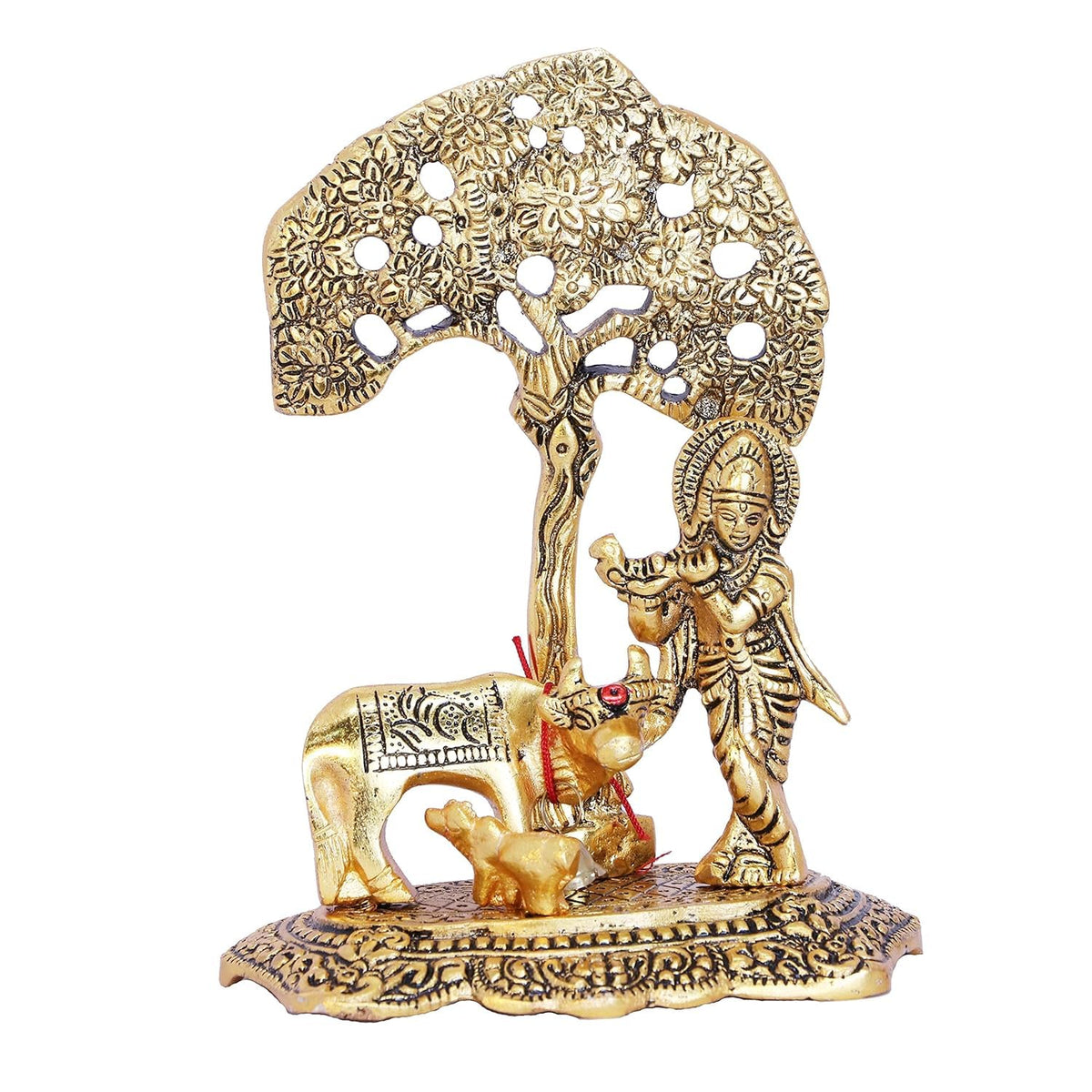 Premium Golden Finish Metal Krishna Playing Flute with Cow Sculpture, Decorative Hindu God Murti for Mandir, Office, Festive Gift and Home Decoration