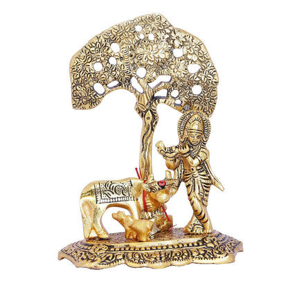 Premium Golden Finish Metal Krishna Playing Flute with Cow Sculpture, Decorative Hindu God Murti for Mandir, Office, Festive Gift and Home Decoration
