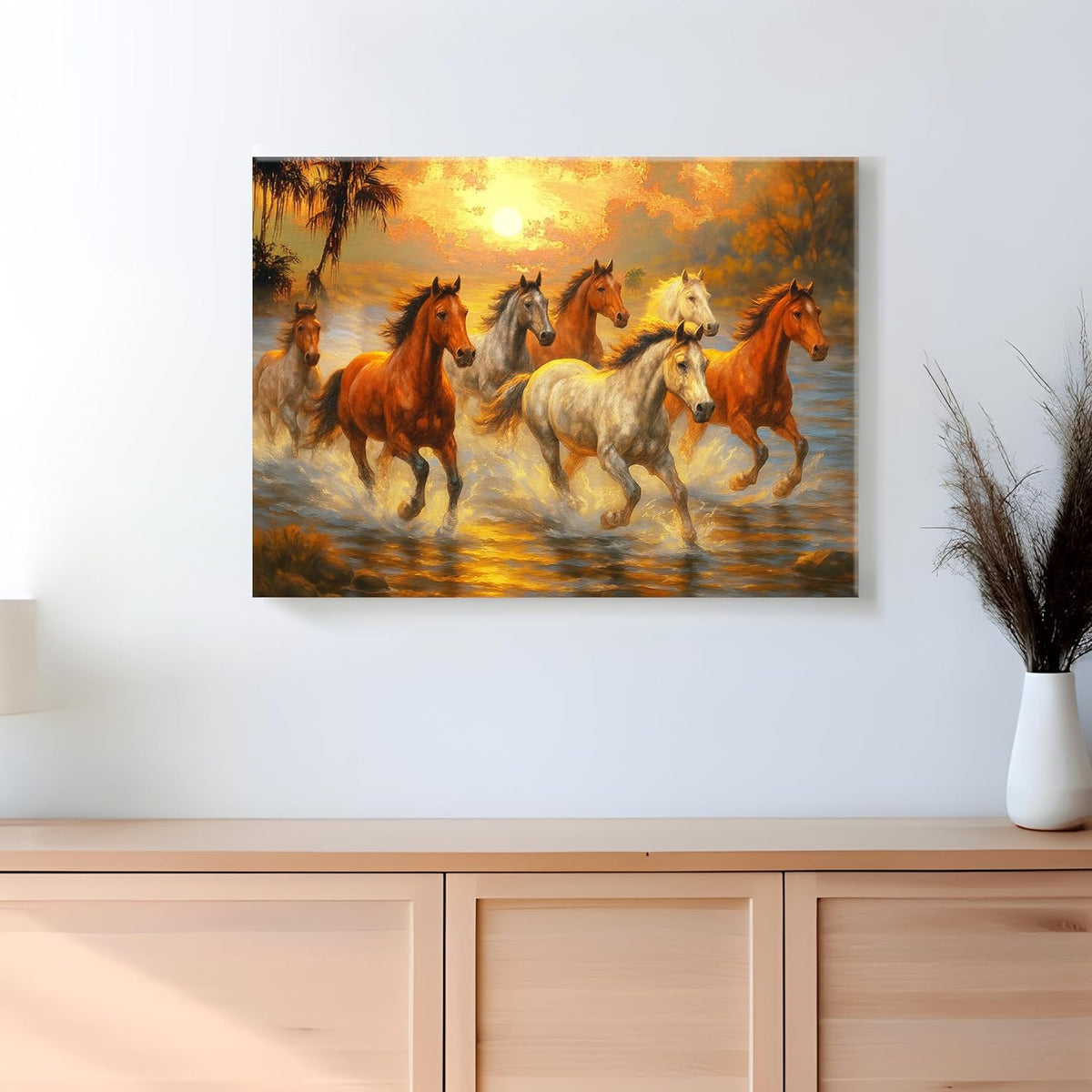 Seven Running Horses Wall Art Painting For Living Room, 7 Horsre Vastu Painting For Bedroom, Home and Office, Stretched canvas 16x22 Inch