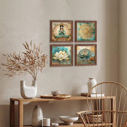 Lotus Meditating Woman Wall Art painting for living room, Spiritual Flower Framed painting, Set of 4, 9x9 Inch