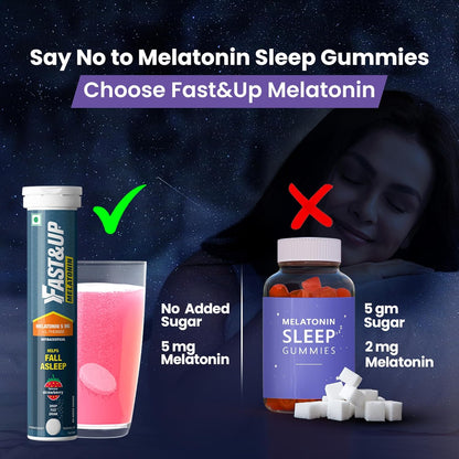Advertisement comparing Fast&Up Melatonin supplement to Melatonin Sleep Gummies with a woman sleeping in the background.