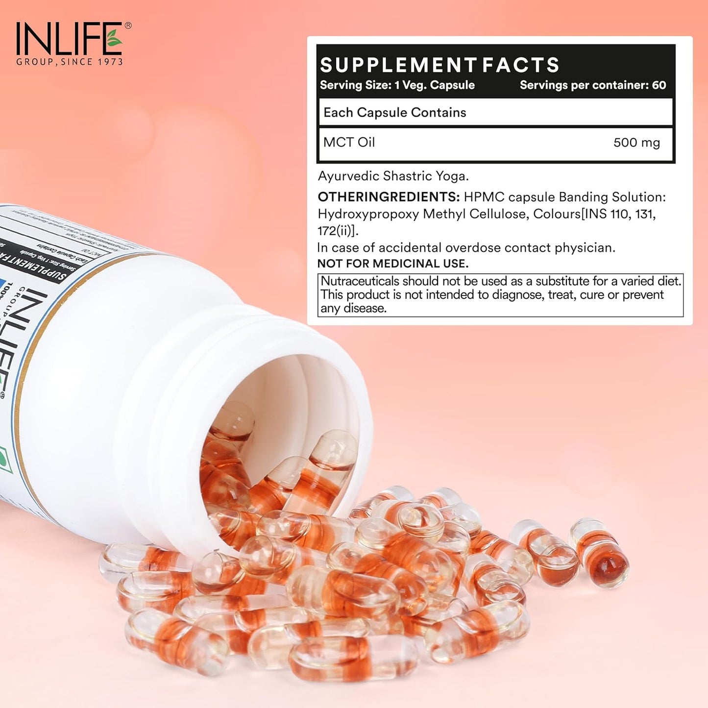 INLIFE Pure MCT Oil C8 C10 Keto Diet Friendly Advanced Products, Weight & Fat Management Food Supplement, 500mg - 60 Vegetarian Capsules (Pack of 1, 60, count)