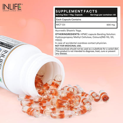INLIFE Pure MCT Oil C8 C10 Keto Diet Friendly Advanced Products, Weight & Fat Management Food Supplement, 500mg - 60 Vegetarian Capsules (Pack of 1, 60, count)