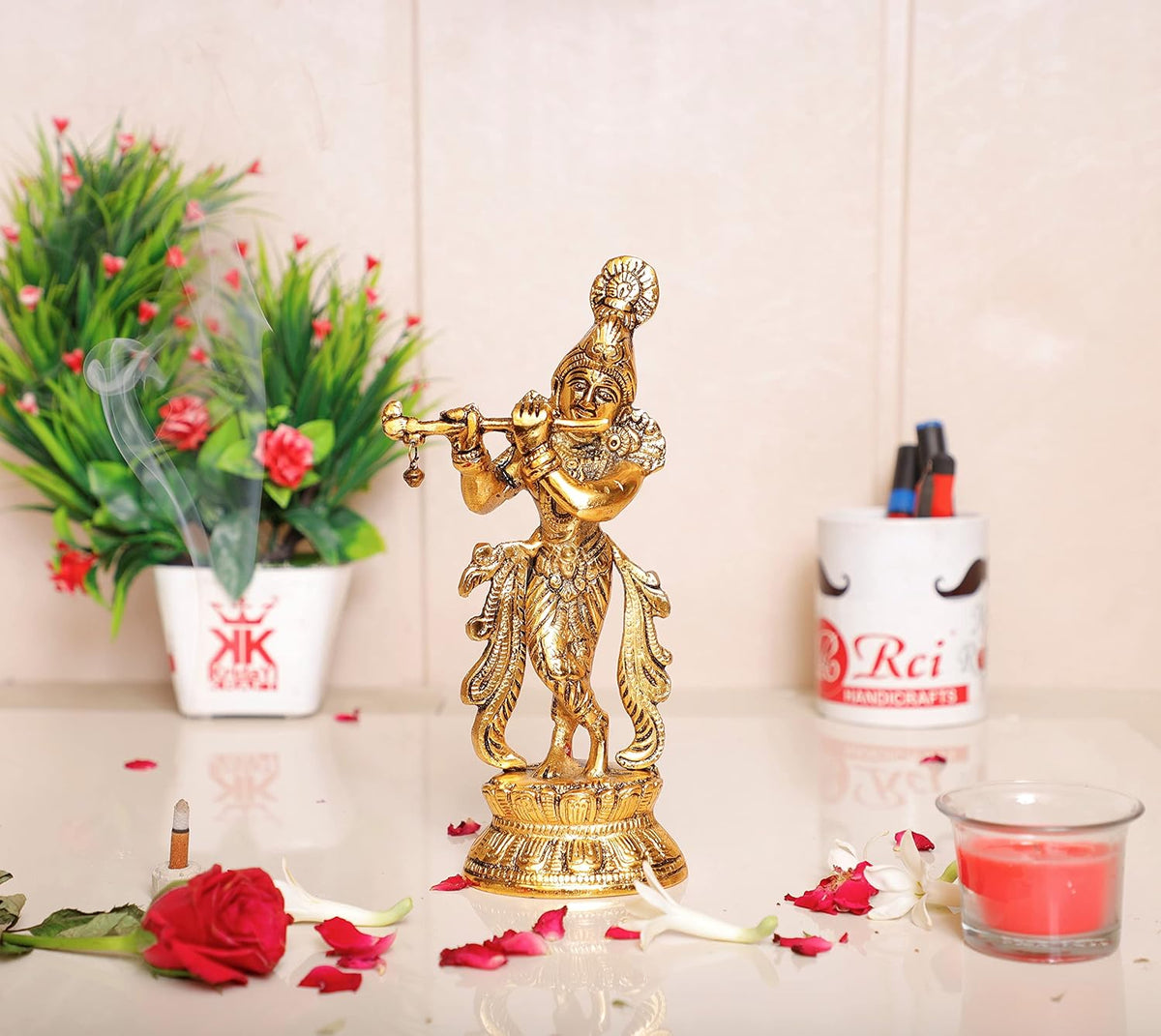 KridayKraft Lord Krishna Metal Statue,Krishna Murti Playing Flute for Temple Pooja,Decor Your Home,Office & Gift Your Relatives,Showpiece Figurines,Religious Idol,Gift Article...