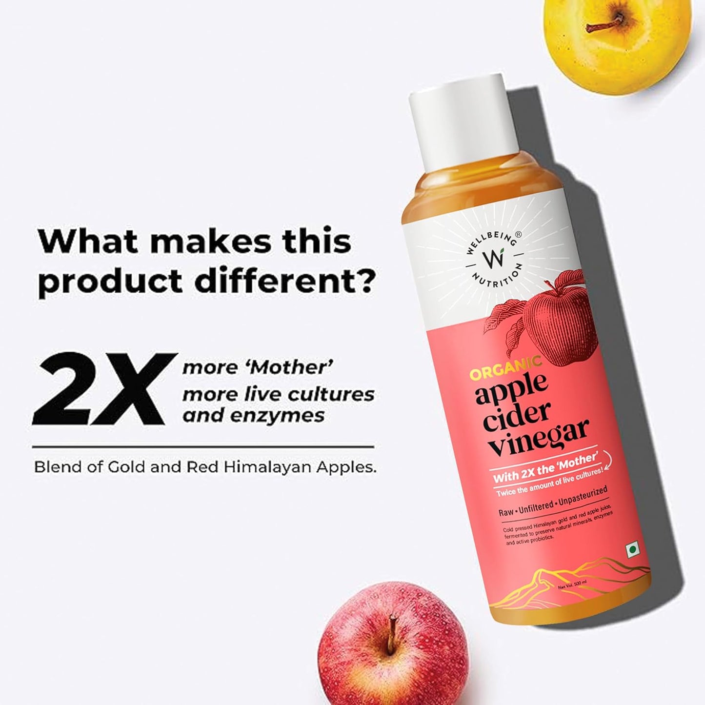 Wellbeing Nutrition Organic Himalayan Apple Cider Vinegar (ACV) with Mother of Vinegar | 2X Strands of Probiotic and Enzymes | Raw, Unfiltered, Unpasteurized | 500ml