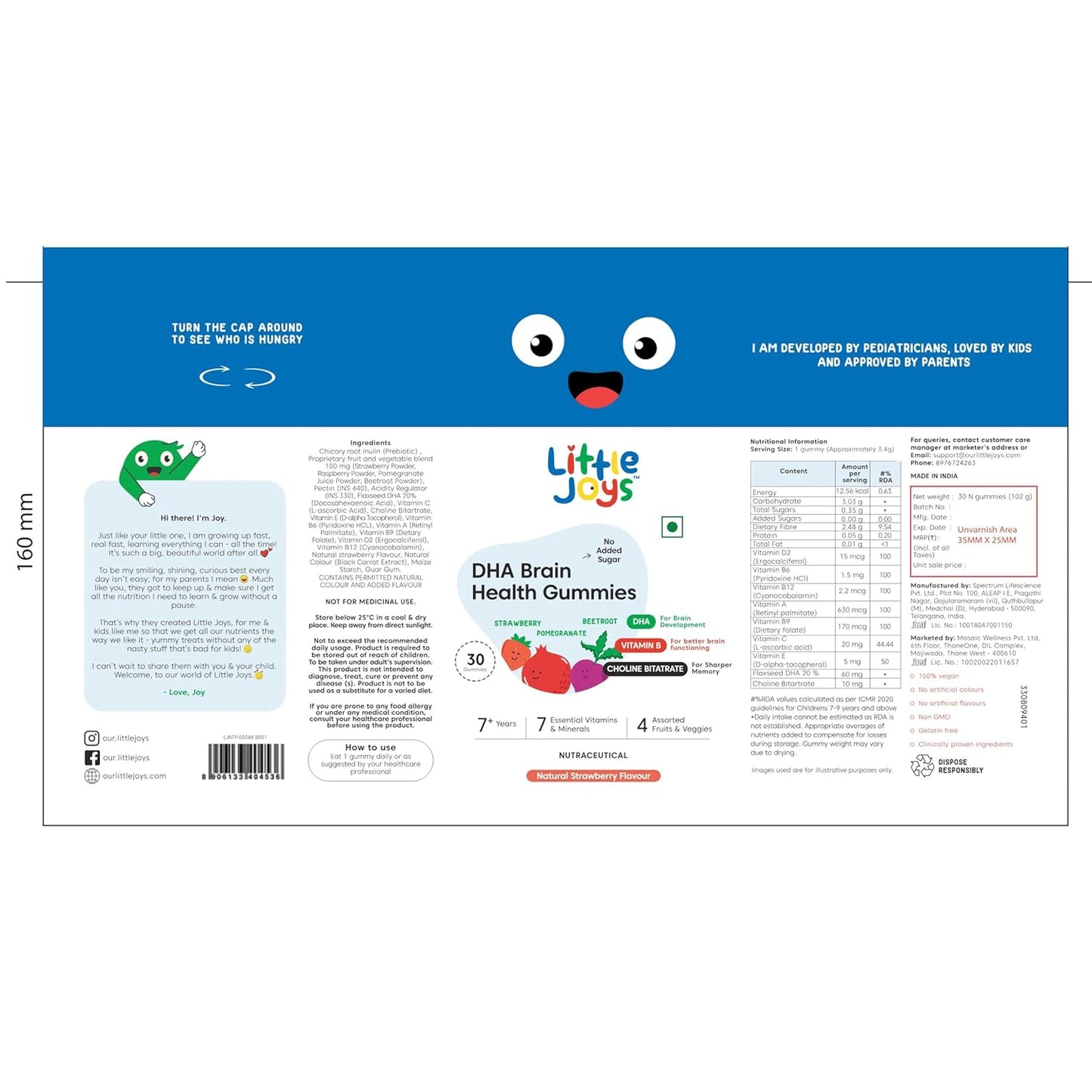 Little Joys DHA Brain Health Gummies For Kids | 7-12 years | 30 Day Pack | Improved Concentration, Mood & Sleep | Packed With 8 Vitamins & Minerals | Multivitamin Gummies For Kids With No Added Sugar