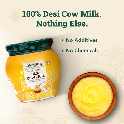 Anveshan A2 Cow Ghee 500ML | Desi Ghee in Glass Jar | Bilona Method | Grass-Fed | Curd-Churned | Cultured Ghee | Pure, Natural, Healthy | Keto-Friendly | Lab Tested