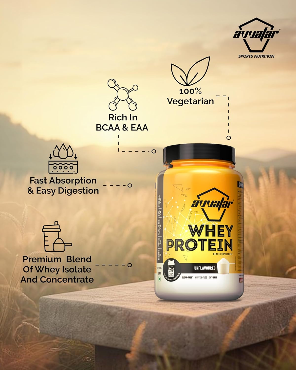 Whey protein supplement bottle with features listed on a natural background