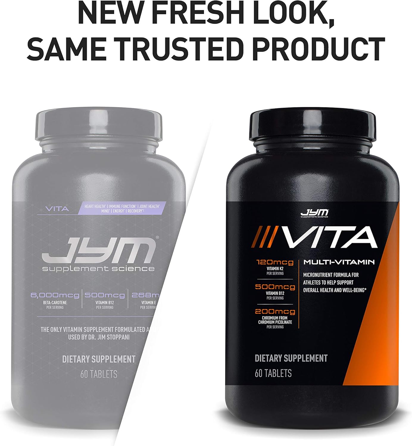 Two JYM supplement containers on a white background with text 'NEW FRESH LOOK, SAME TRUSTED PRODUCT'.