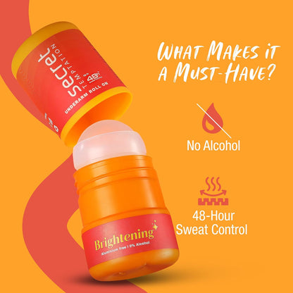 Orange and red roll-on deodorant with text on an orange background