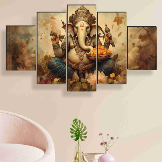 Ganesha Paintings for Wall Decoration - Set Of Five, 3d modern art Painting for Living Room Large Size with Frames for Home Decoration, Hotel, Office 76.2 cm x 45 cm SANFPNLS35450