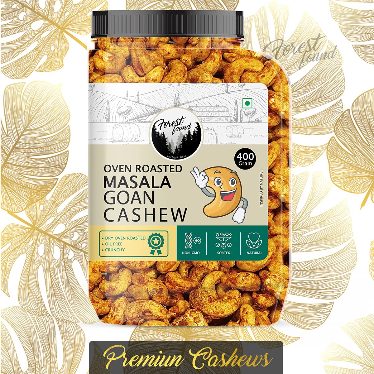Forest Found Oven Roasted Chilly Masala Cashews (400g) – 100% Oil-Free & Non-Fried Kaju | Low Sodium Healthy Snack | Premium Crunchy Spicy Cashew Nuts