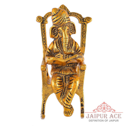 Lord Ganesha Reading Ramayana Statue Hindu God Ganesh Ganpati Sitting on Chair Idol Sculpture Good Luck & Success Home Office Gifts Decor Golden Brass Metal