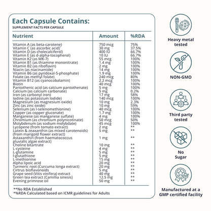 Supplement label with detailed nutritional information and certification logos on a white background