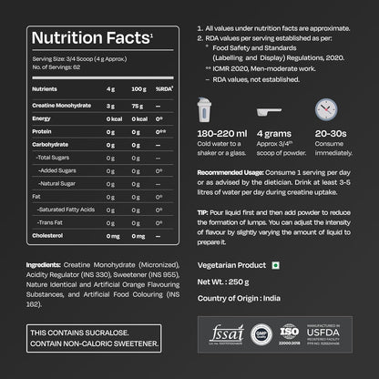 Nutrabay Gold Micronised Creatine Monohydrate Powder 3000 mg Creatine per Serving, NABL Lab Tested – Increases Muscle Mass, Strength & Power – Pre/Post Workout Supplement – 250 g, Orange