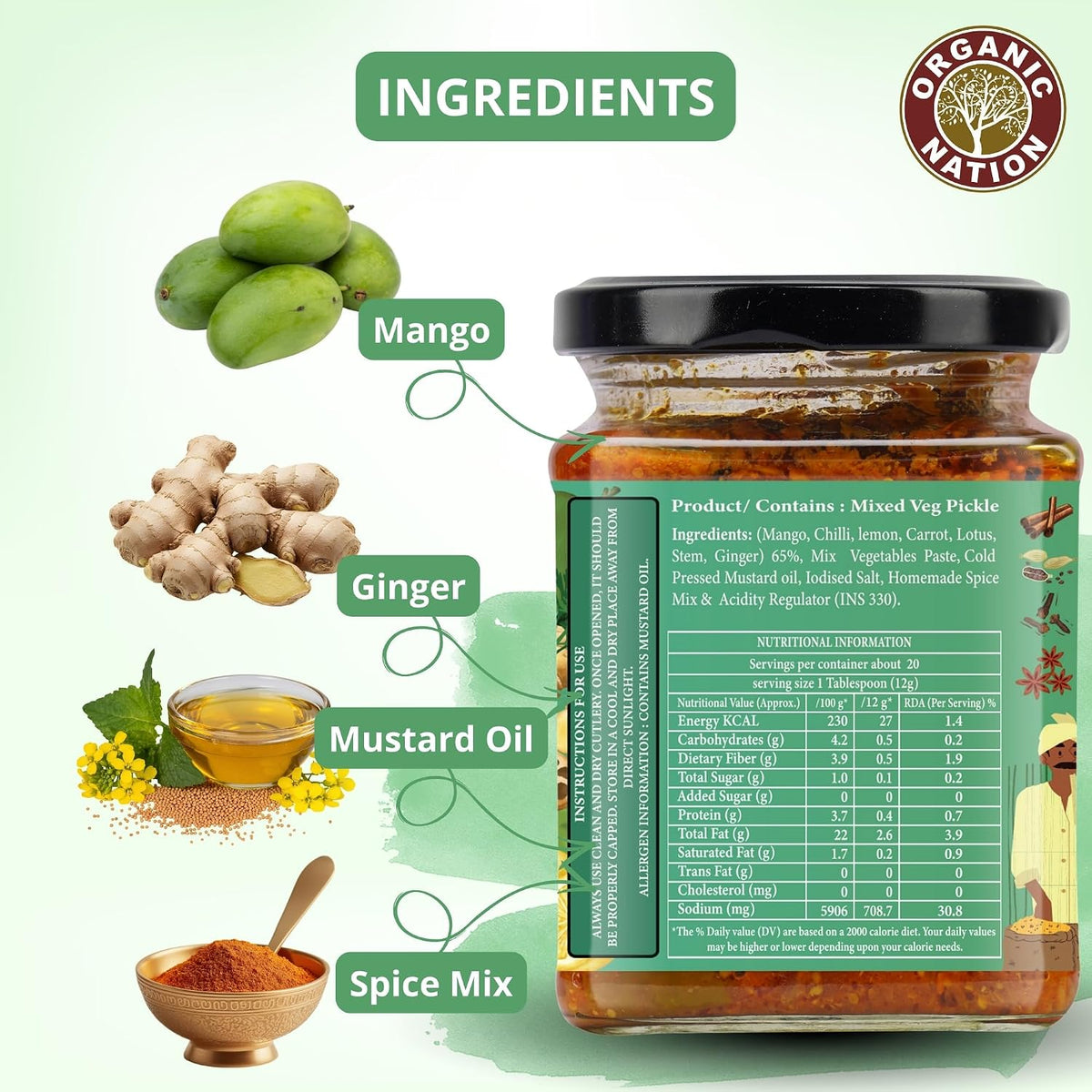 ORGANIC NATION Deliciously Tangy Mixed Pickle | Pickles with Fresh Ingredients | Authentic Mixed Vegetable Pickle | Traditional Indian Achaar| No Preservatives | 250g Jar | Vibrant Green