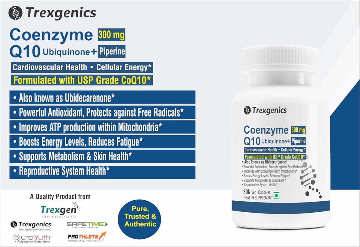 Trexegenics Coenzyme Q10 supplement bottle with label on a white background