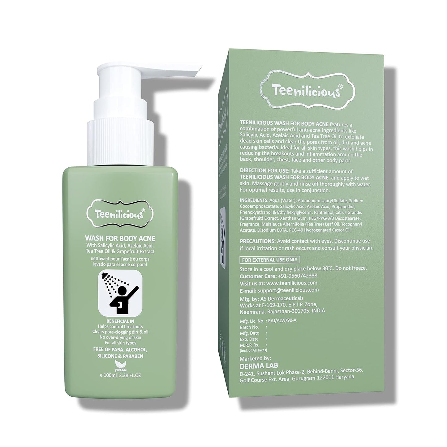 Teenilicious Body Acne Wash with 1% ww Salicylic Acid & Tea Tree Oil | Reduces Acne Breakouts, Acne Scars | Chemical & Paraben Free | for All Skin Types for Women & Men - 100ml