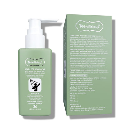 Teenilicious Body Acne Wash with 1% ww Salicylic Acid & Tea Tree Oil | Reduces Acne Breakouts, Acne Scars | Chemical & Paraben Free | for All Skin Types for Women & Men - 100ml