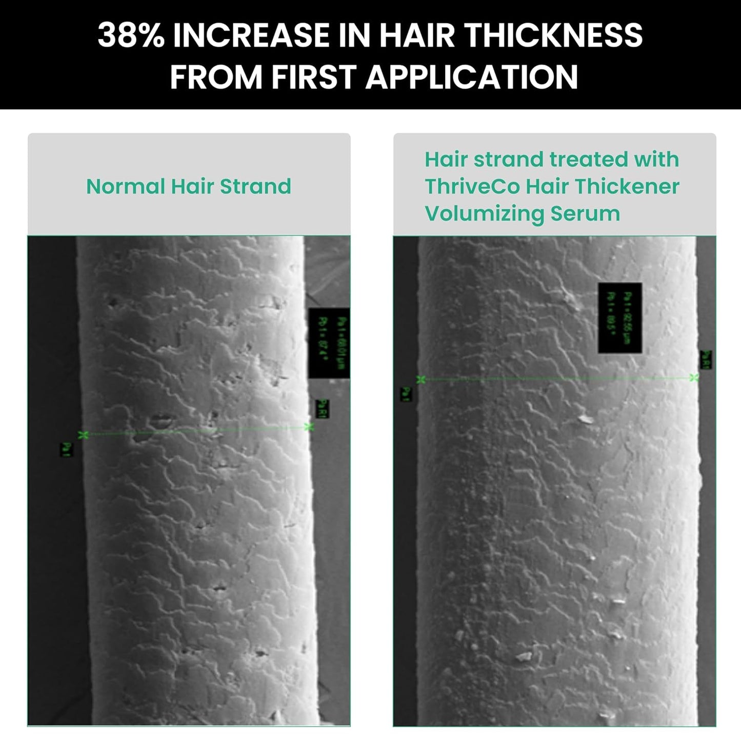 Scanning electron microscope images of a normal hair strand and a treated hair strand with text indicating 38% increase in hair thickness from first application.