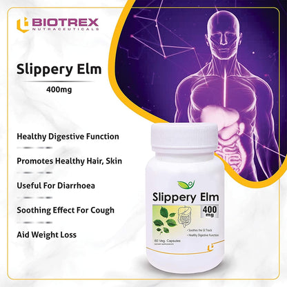 Biotrex Nutraceuticals Slippery Elm 400mg 60 Veg Capsules, Dietary supplement to strengthen Immune System, nutritional supplement, multivitamins, vitamin for men, women and adults, health supplements