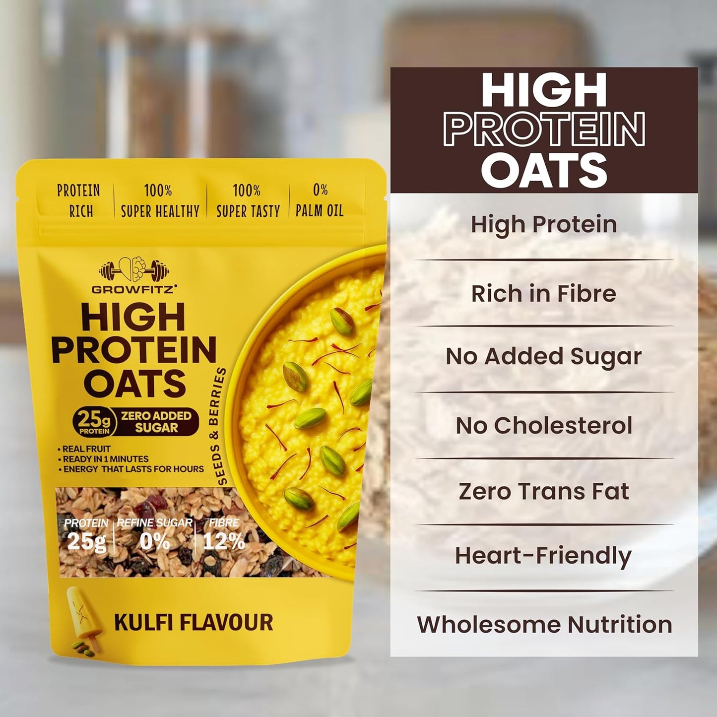 GrowFitz 25g High Protein Oats 800 Gram | Kulfi Flavor Breakfast Oatmeal | 12g High Fiber, Almonds, Raisin, Pumpkin, Chia Seeds, Super Rolled Oats | Healthy Fats, No Added Sugar (Pack of 1)