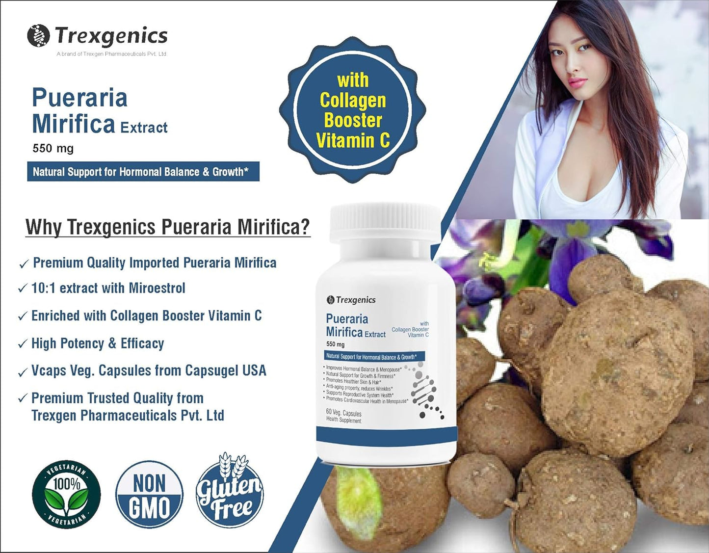 Trexegenics Pueraria Mirifica Extract supplement with a woman and roots in the background