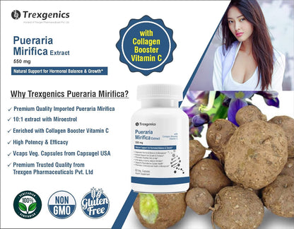 Trexegenics Pueraria Mirifica Extract supplement with a woman and roots in the background
