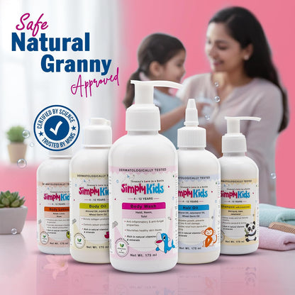 Simply Kids Body Wash for 4-12 Years | Aloe Vera, Grapeseed & Neem | Gentle, Hydrating & Nourishing | Soothes & Protects Skin | Hypoallergenic | Antibacterial & Antifungal | Dermatologically Tested | All Skin Types | 175ml