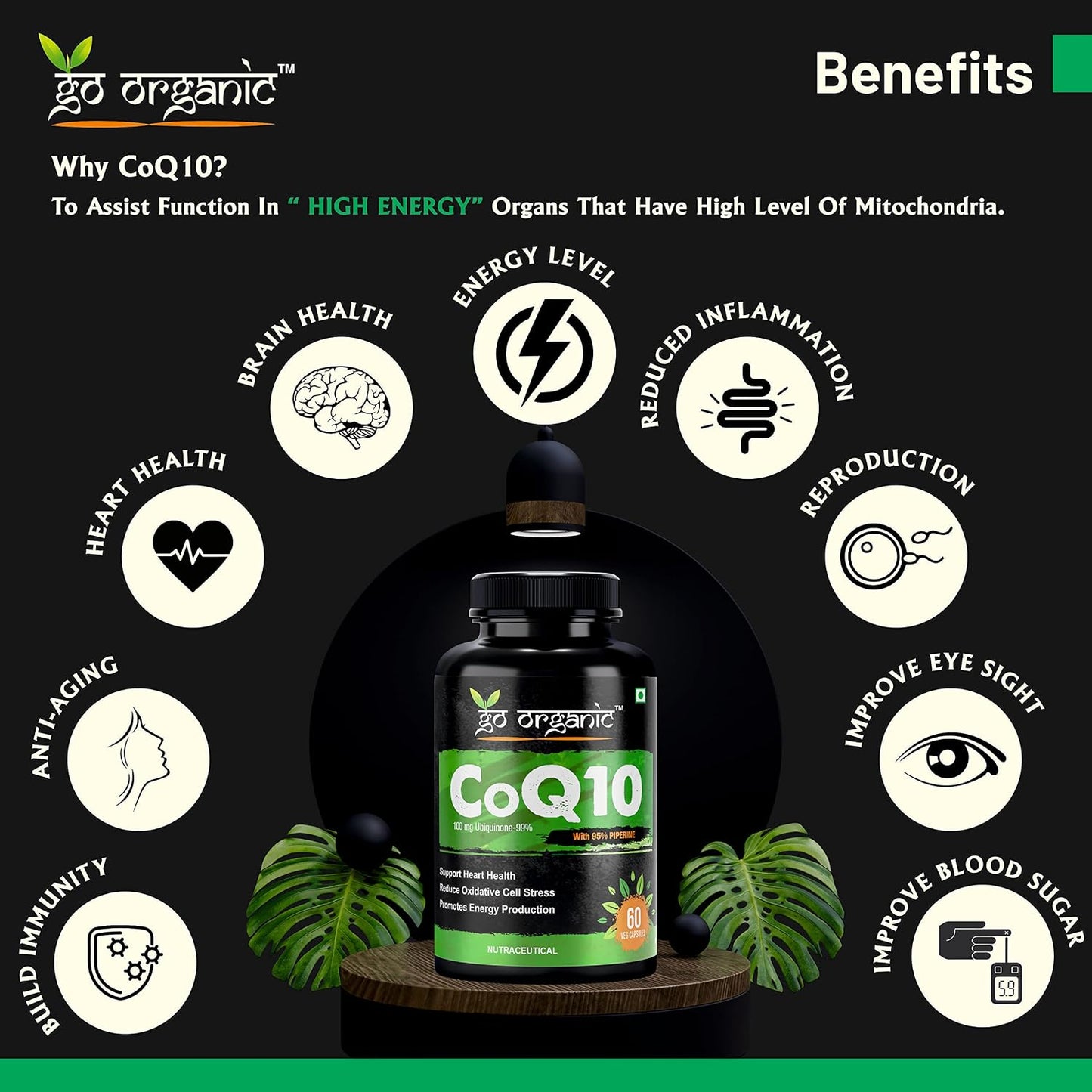 Go Organic Coenzyme Q10 100mg supplement with high absorption to improve BioPerine | 60 Capsule | Supplement for healthy heart and immunity 60 Count