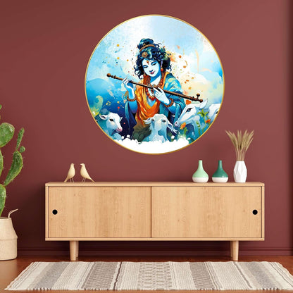 Radha Krishna Wall Painting for Wall Decoration with Frame Sparkle Glossy Round Golden Framed Large Painting Office, Living Room, Bedroom, Home Decoration (60x60 Cm CH-RKR21)