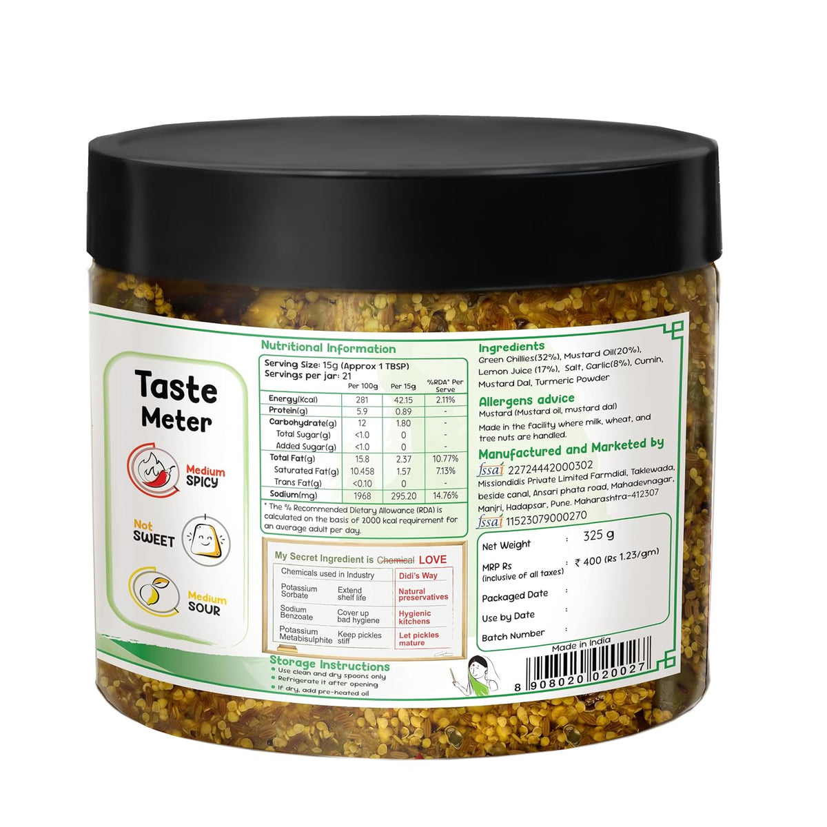 FarmDidi Spicy Green Chilli Pickle 325g In Fresh Homemade Sun-Dried Hari Mirch Ka Achar Made with Mustard Oil Ghar Ka Bana Spicy Mirchi Pickle No Chemical Preservatives
