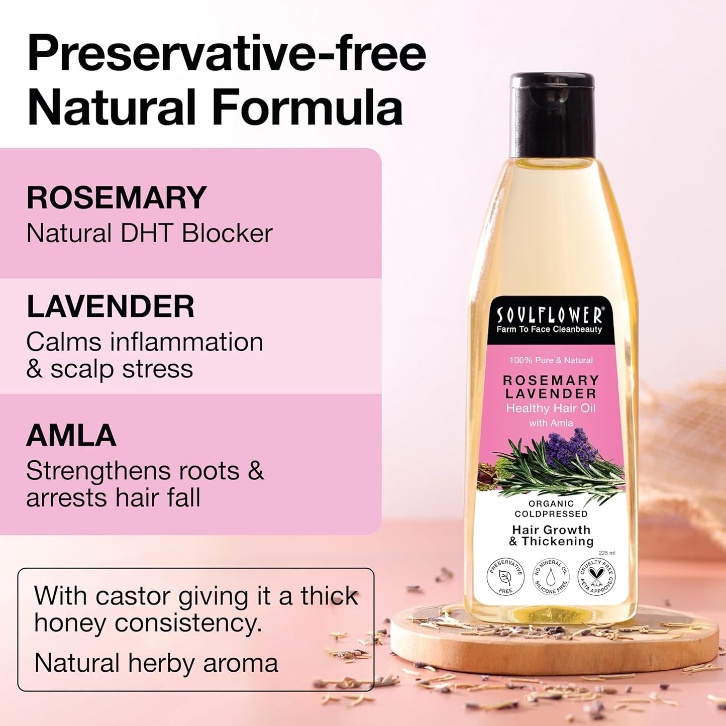 Soulflower Rosemary Hair Growth Oil, Hair Fall Control, Healthy Scalp, Strong Hair, Rosemary, Lavender, Castor|100% Pure, Natural, Organic, Clinically Proven for Hair Growth, 225ml