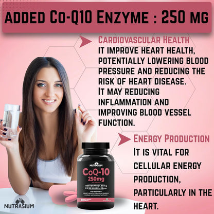 Nutrasium Co Enzyme Q-10 250 mg With Resveratrol | CoQ-10 Supplemets | For Heart & Vascular Health, Cellular Energy Boost, Potent AntiOxidant | 60 Veg Tablets (60 Veg Tablets, Co-Q10)