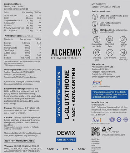 Alchemix Dewix L-Glutathione 600mg Effervescent Tablets with NAC 300mg, Astaxanthin, Vitamin C, Blueberry Flavor, Glow & Detoxification, Sugar-Free, 16 Tablets (1, Green Apple)