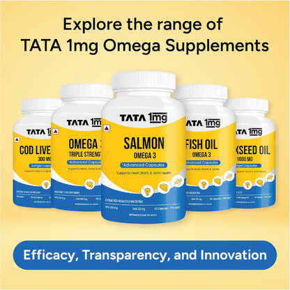 Tata 1mg Salmon Omega 3 Fish Oil Supplements 1000mg Capsules | Triglyceride form | 180mg EPA & 120mg DHA | High Absorption for Heart,Brain & Joints | Helps Manage Cholesterol