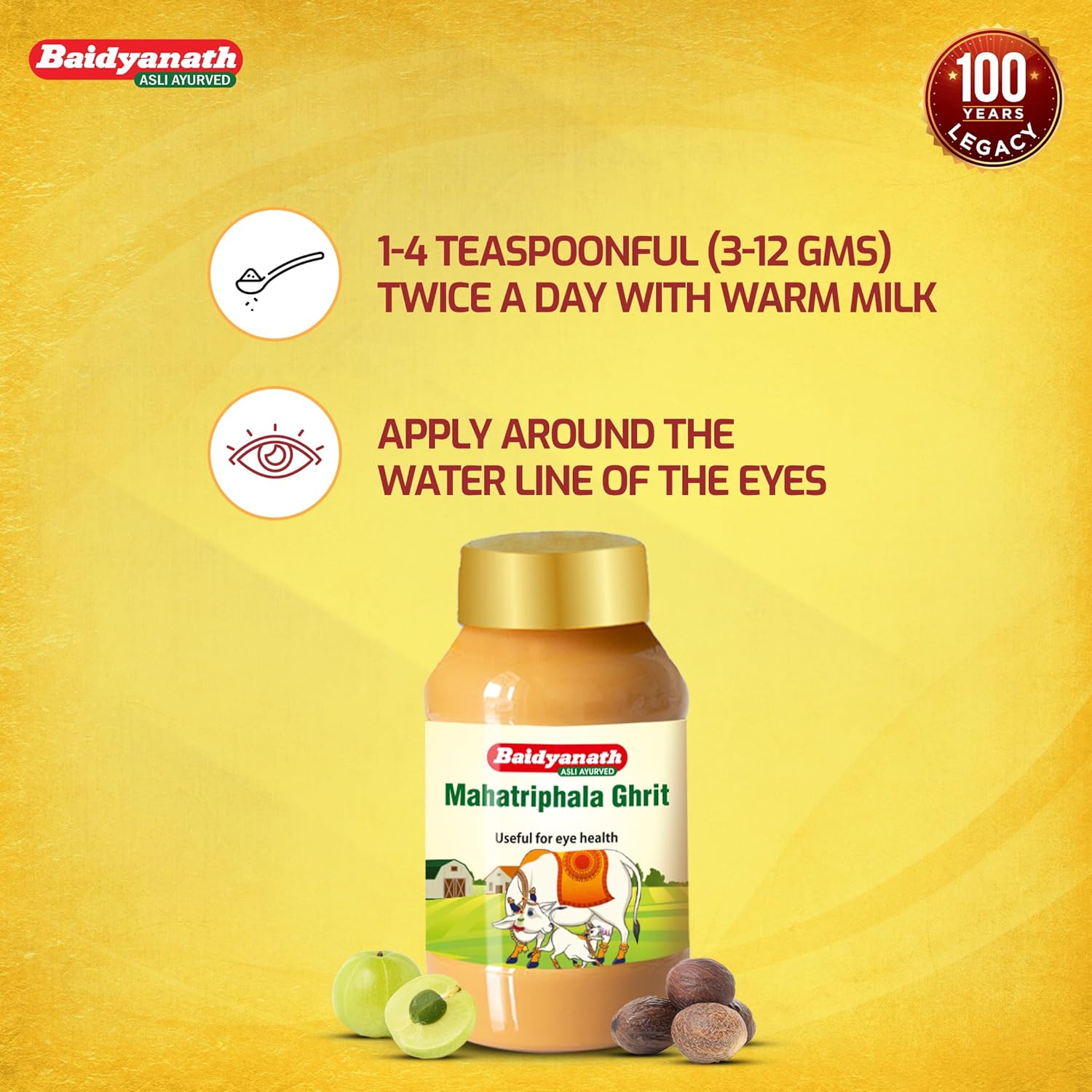 Baidyanath Mahatriphala Ghrit bottle with usage instructions on a yellow background