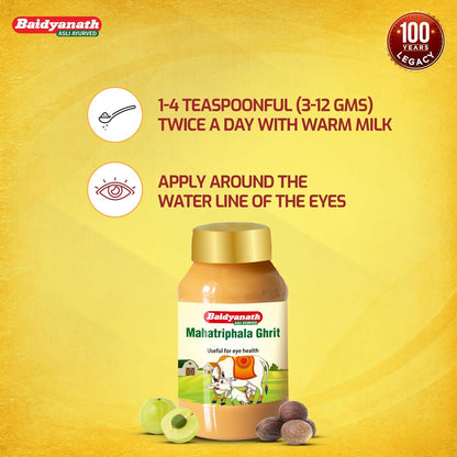 Baidyanath Mahatriphala Ghrit bottle with usage instructions on a yellow background