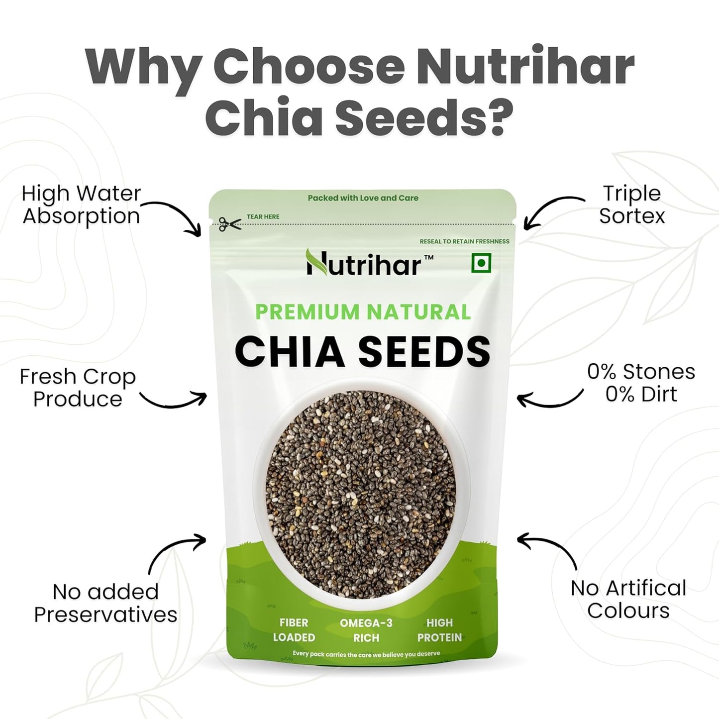 Nutrihar Premium Chia Seeds 100g | Rich in Calcium, Protein & Fibre | 100% Clean, Triple Sortex Chia Seeds 100 gm