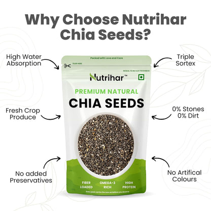 Nutrihar Premium Chia Seeds 100g | Rich in Calcium, Protein & Fibre | 100% Clean, Triple Sortex Chia Seeds 100 gm