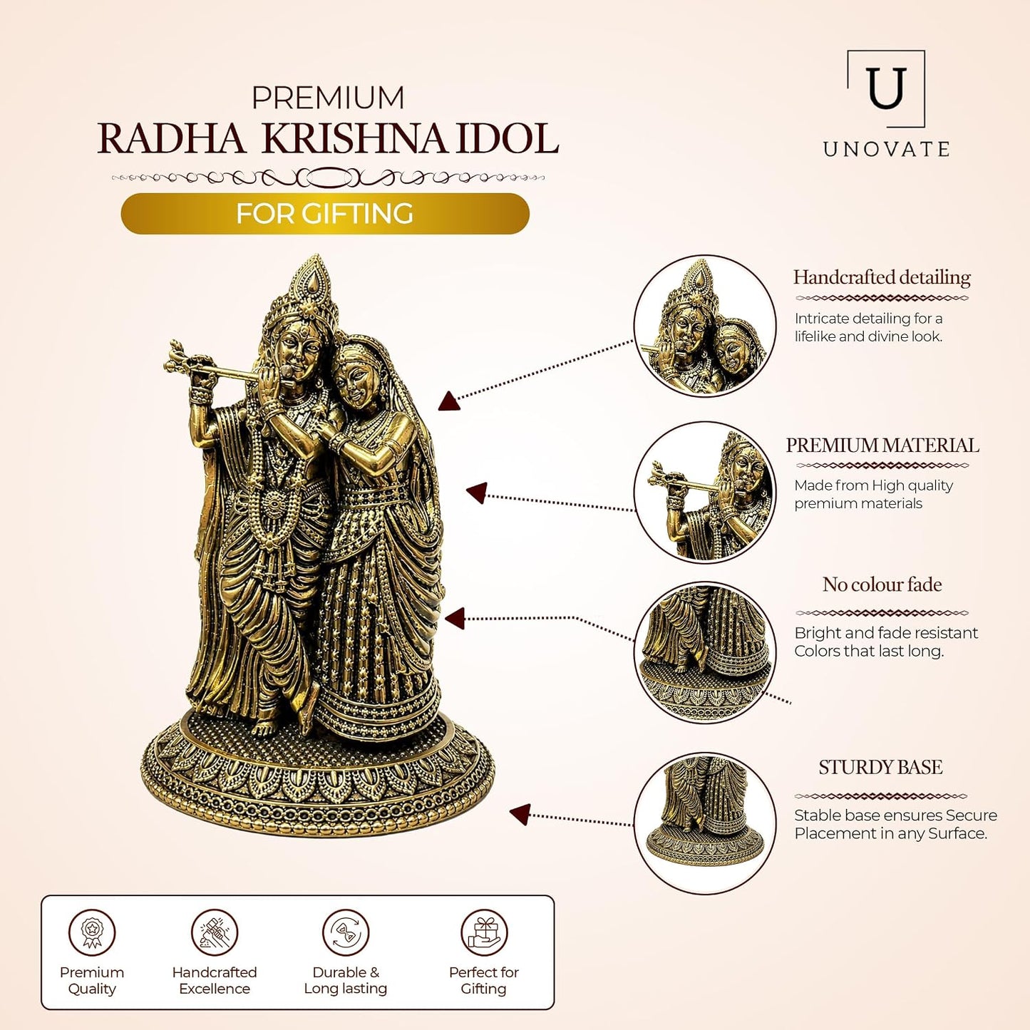UNOVATE 100% Pure Brass Radha Krishna Murti, Radha Krishna Idol for Gift