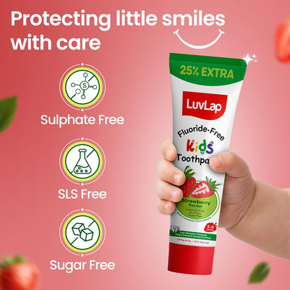 LuvLap Baby Toothpaste for Kids 80gm + 25% Extra, Strawberry Flavour, SLS & Fluoride Free Baby Toothpaste, Removes Plaque, Prevents Bacteria & Cavities, Ensures Healthy Teeth & Gums, 12M+(Pack of 1)
